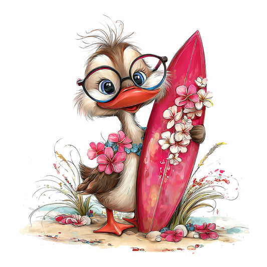whimsical bird, cute duck, glasses, surfboard, tropical, coral pink, hot pink, cream, tan, sand, floral, pink flowers, white flowers, beach theme, summer, playful, cartoon, adorable, children's, kids fabric, novelty print, animal print, nature inspired, coastal, fun, cheerful, bright colors, decorative panel