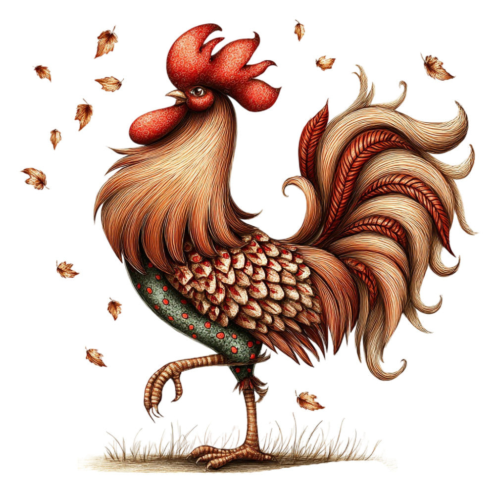 rooster, farmhouse, autumn, fall, rust red, burnt orange, sage green, cream, tan, brown, animals, poultry, nature, vintage, whimsical, rustic, folk art, detailed illustration, decorative bird, traditional, harvest, country, leaves, botanical, textured, elegant, home décor, wall hanging, novelty print