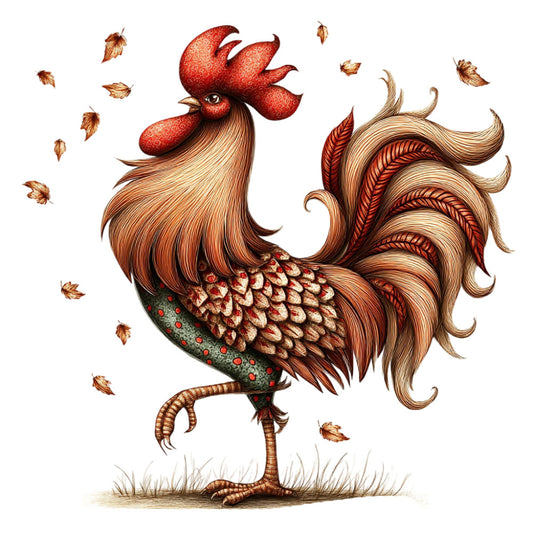 rooster, farmhouse, autumn, fall, rust red, burnt orange, sage green, cream, tan, brown, animals, poultry, nature, vintage, whimsical, rustic, folk art, detailed illustration, decorative bird, traditional, harvest, country, leaves, botanical, textured, elegant, home décor, wall hanging, novelty print