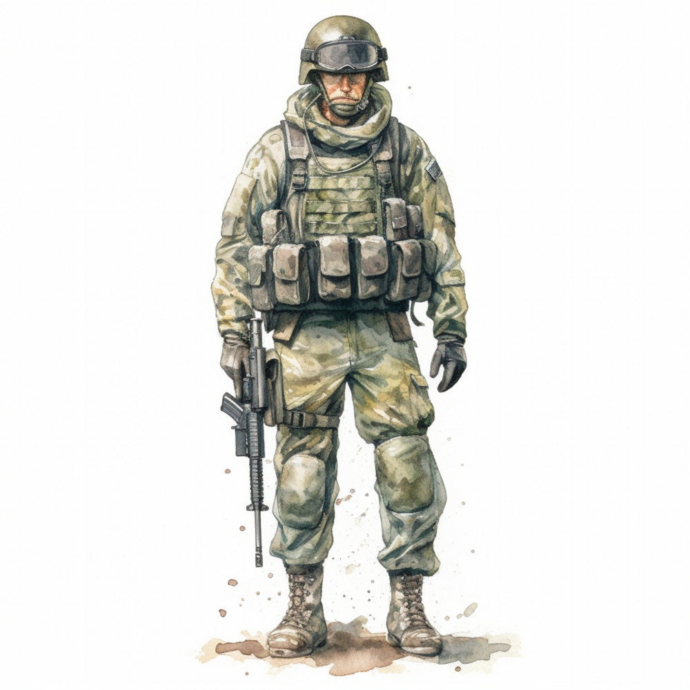 military, soldier, camouflage, camo, tan, khaki, olive green, sage green, beige, brown, gray, grey, desert camo, tactical, armed forces, patriotic, americana, uniform, action figure, realistic, portrait style, illustration, watercolor, men's, masculine, modern, contemporary, veteran, memorial, tribute