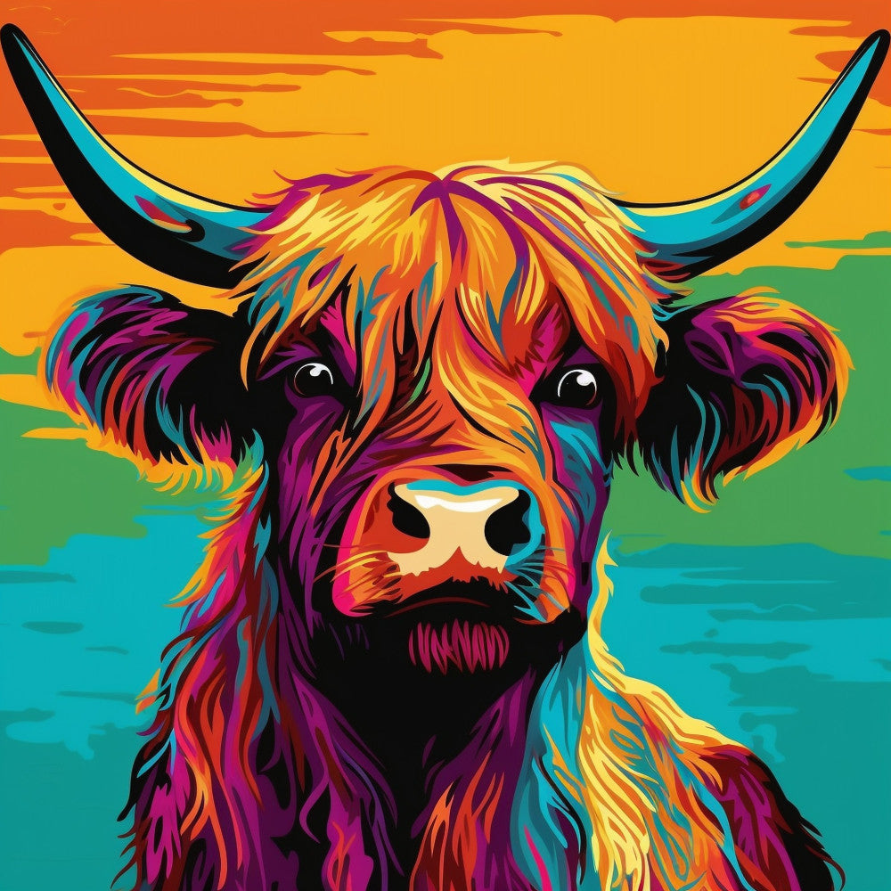 vibrant, colorful, highland cattle, pop art, neon, psychedelic, modern, whimsical, turquoise, magenta, hot pink, golden yellow, orange, purple, black, bohemian, abstract, animal portrait, bull, cow, artistic, bold, contemporary, funky, wild, statement fabric, home decor, wall hanging, decorative, artistic animals