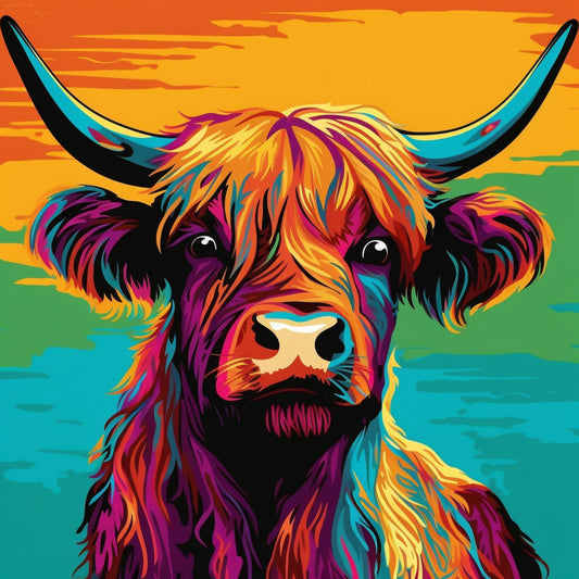 vibrant, colorful, highland cattle, pop art, neon, psychedelic, modern, whimsical, turquoise, magenta, hot pink, golden yellow, orange, purple, black, bohemian, abstract, animal portrait, bull, cow, artistic, bold, contemporary, funky, wild, statement fabric, home decor, wall hanging, decorative, artistic animals