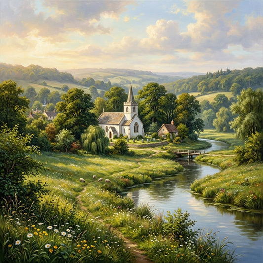 countryside landscape, pastoral scene, rolling hills, white church, steeple, rural village, english countryside, spring meadow, wildflowers, daisies, weeping willow, green fields, peaceful scenery, farmhouse style, traditional, nature scene, cottage core, scenic landscape, flowing river, bridge, sheep grazing, cream white, soft green, sky blue, golden yellow, serene, idyllic, spring, summer, wall hanging