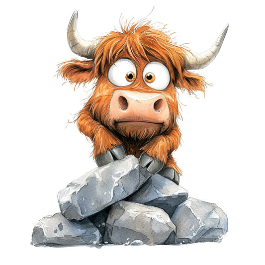 orange, rust, tan, cream, gray, stone gray, charcoal, highland cattle, highland cow, whimsical, cute, cartoon, animals, farm animals, livestock, character design, children's fabric, playful, expressive, funny, humorous, rustic, farmhouse, folk art, illustration style, decorative panel, wall hanging, nursery, kid's quilt, novelty print
