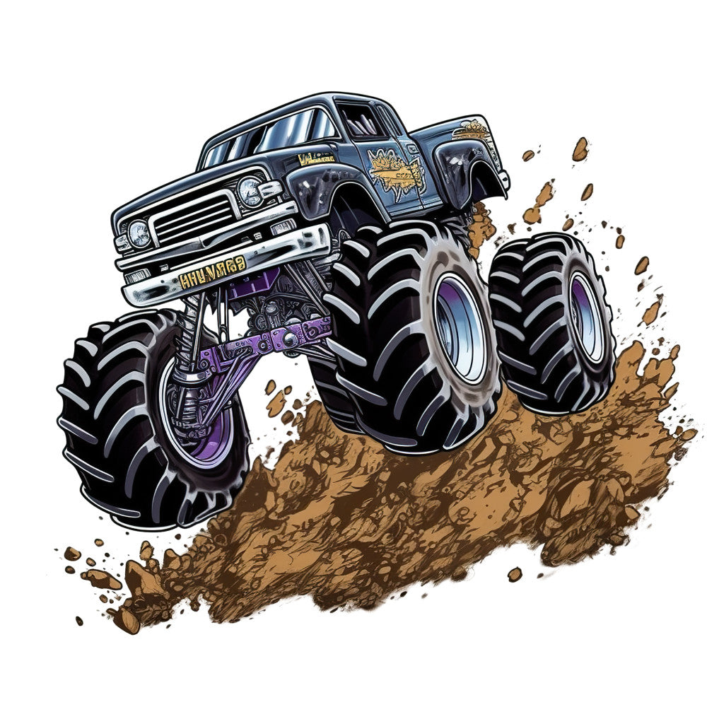 Monster Truck Crushes Fabric Panel 6 featuring a powerful black monster truck with oversized tires crushing dirt in dynamic motion.