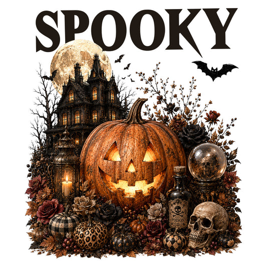 spooky, halloween, jack-o-lantern, pumpkin, haunted house, black, orange, cream, burnt orange, deep red, dark brown, gothic, autumn, fall, skull, poison bottle, crystal ball, bat, witchy, vintage halloween, elegant spooky, dark romantic, decorative, wall hanging, seasonal decor, moody aesthetic, creepy cute, traditional halloween, horror theme, botanical elements