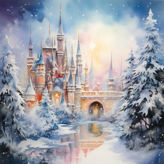 winter castle, snow-covered trees, fairytale, enchanted castle, ice blue, gold accents, cream white, soft pink, snowy landscape, frozen forest, magical, whimsical, holiday, christmas, winter wonderland, castle towers, storybook, fantasy, elegant, dreamy, winter scene, sparkly snow, frozen pond, aurora colors, pale yellow, silver accents, winter landscape, princess castle, festive