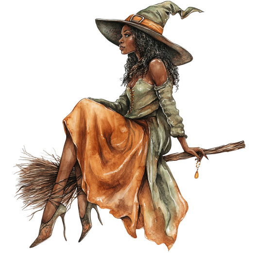 watercolor, witch, halloween, autumn colors, orange, green, brown, curly hair, pointed hat, broomstick, magical, fantasy character, fabric panel, quilting cotton, seasonal design, spooky theme, earthy tones, witch costume, mystical, crafting fabric