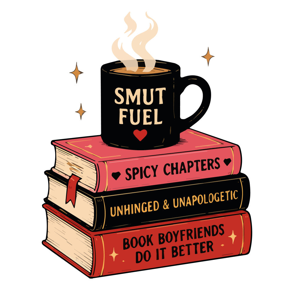 smut fuel, spicy chapters, book lovers, romance, steamy, coffee, black, cream, red, coral pink, gold accents, literary, books, bookish, reading, whimsical, playful, hearts, sparkles, stars, humor, witty, modern, contemporary, book themed, book boyfriends, romance novels, cozy, literary gifts, novelty print