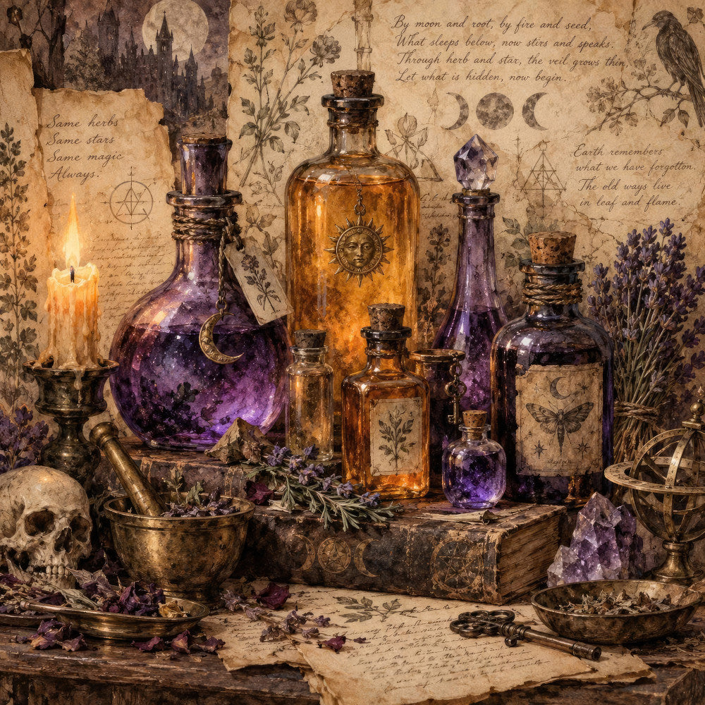 witchy, mystical, celestial, gothic, dark purple, amber gold, deep plum, vintage, potion bottles, moons, stars, herbs, lavender, botanical, occult, magical, alchemy, dark academia, moody, atmospheric, vintage wallpaper, antique, spell book, crystals, raven, skull, literary, steampunk, bohemian, mystical symbols