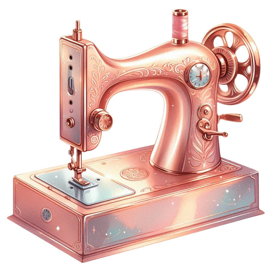 rose gold, copper, blush pink, vintage sewing machine, steampunk, ornamental, decorative, whimsical, feminine, elegant, antique, clock motif, mechanical, nostalgic, retro, cottage core, crafting theme, detailed embellishment, fantasy, magical, steampunk aesthetic, sewing room decor, quilter's gift, wall hanging, decorative panel, ornate design, Victorian inspired, rose gold metallic, hobby themed