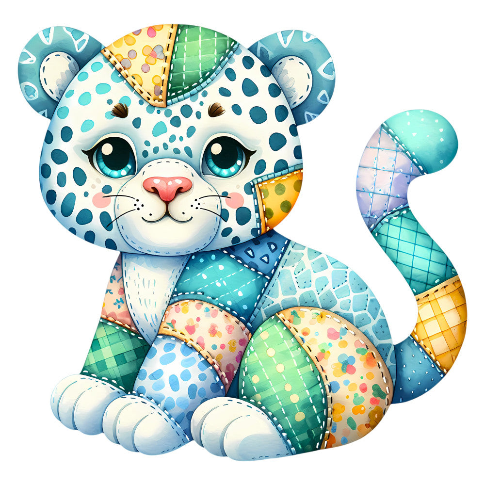 whimsical cat, spotted leopard, turquoise, teal, aqua blue, cream white, golden yellow, sage green, coral pink, geometric patterns, polka dots, quilted texture, patchwork, cute animals, playful design, children's fabric, nursery, baby quilt, modern whimsical, colorful, grid pattern, crosshatch, charming, decorative panels, wall hanging, decorative quilting