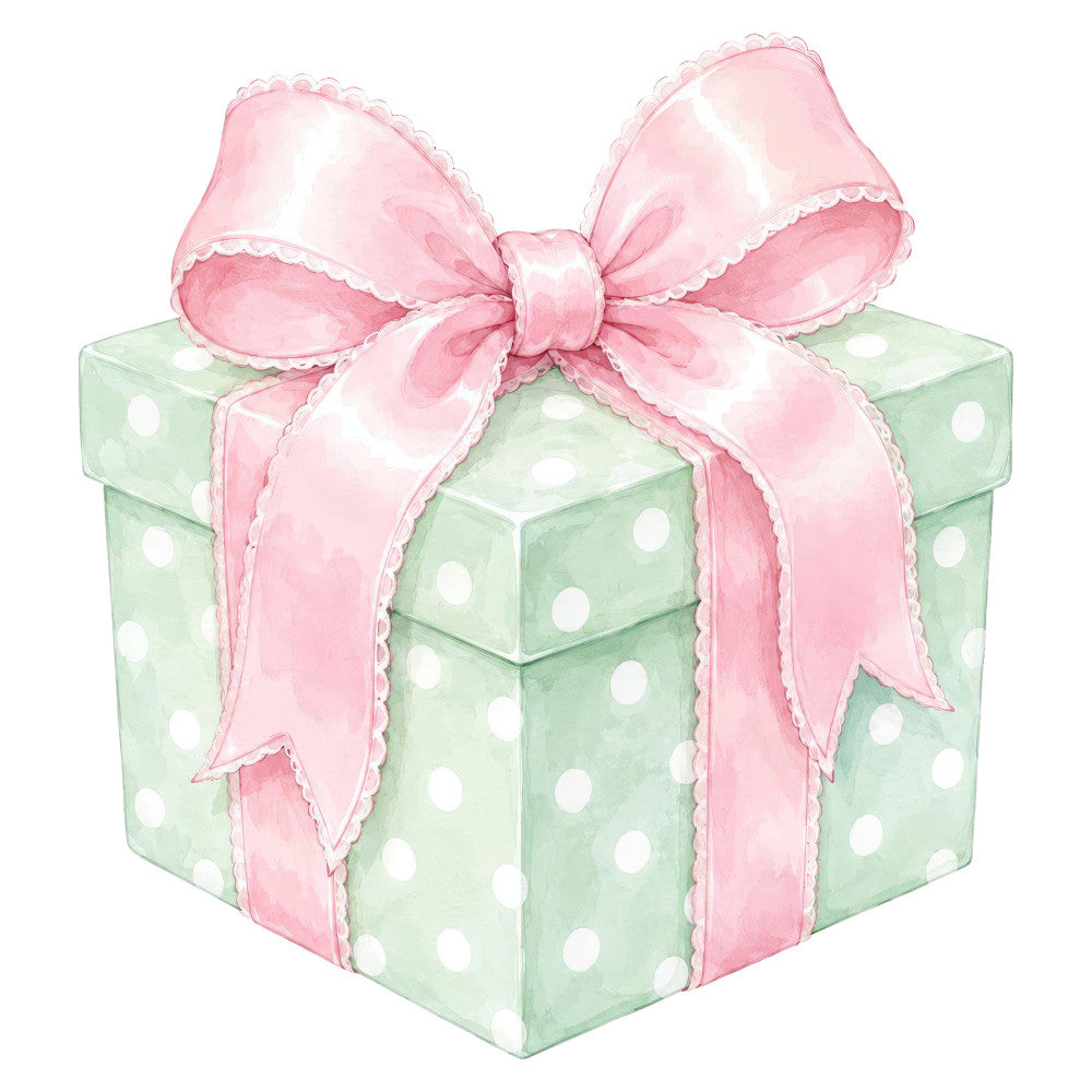 sage green, mint green, soft pink, pale pink, polka dots, white dots, gift box, present, ribbon bow, feminine, whimsical, elegant, pastel, spring, baby shower, nursery, celebration, gift theme, soft colors, watercolor, delicate, charming, girl's room, greeting card, special occasion, vintage style, sweet, pretty