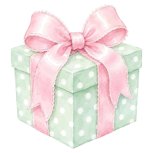 sage green, mint green, soft pink, pale pink, polka dots, white dots, gift box, present, ribbon bow, feminine, whimsical, elegant, pastel, spring, baby shower, nursery, celebration, gift theme, soft colors, watercolor, delicate, charming, girl's room, greeting card, special occasion, vintage style, sweet, pretty