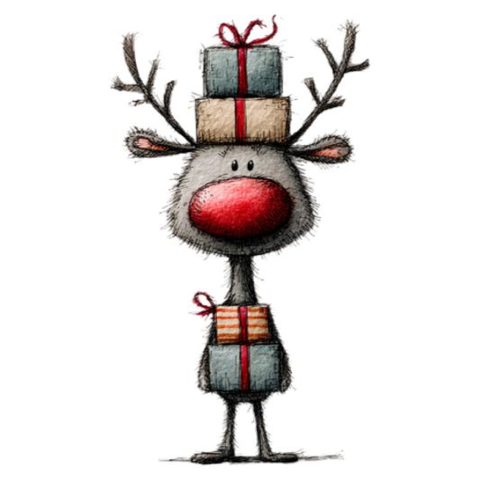 reindeer, red nose, christmas, holiday, whimsical, cute animals, festive, gray, red, cream, tan, beige, striped, gifts, present, quirky, playful, children's, kids, seasonal, winter, decoration, modern, fun, charming, rustic, storybook, illustrated, novelty