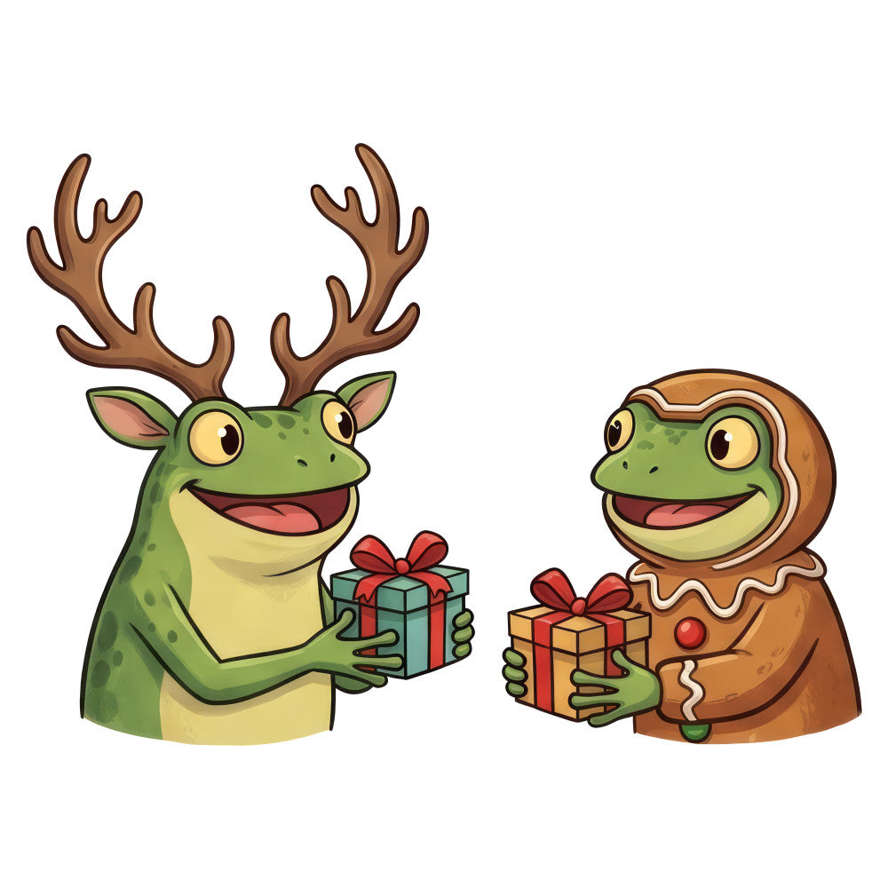 lime green, sage green, brown, cream, red, yellow-green, holiday, christmas, festive, whimsical, playful, animals, frogs, reindeer, gingerbread, gift giving, presents, bows, ribbons, winter, seasonal, fun, cartoon, cute, child-friendly, novelty, themed panel, decorative