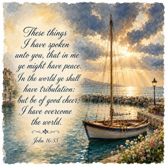nautical, coastal, sailboat, ocean, sea, religious, inspirational, scripture, john 16:33, peaceful, serene, tranquil, turquoise, cream, golden yellow, soft blue, gray blue, vintage, elegant, traditional, harbor, mediterranean, floral, pink flowers, white flowers, lamp post, architecture, spiritual, faith-based, prayer