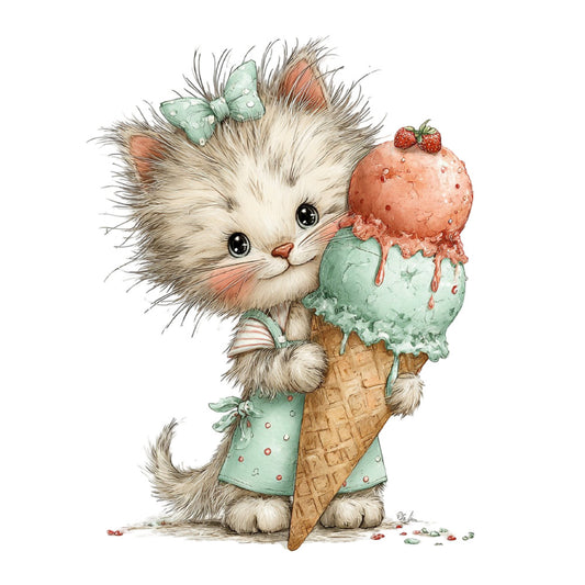 fluffy cat, mint green, coral pink, strawberry, ice cream cone, whimsical, cute animals, children's, baby, sweet treats, dessert, summer, playful, illustration, bow, pastel colors, cream white, tan, character fabric, girly, adorable, kids design, food motif, berry theme, soft colors, nursery, springtime, charming, detailed illustration