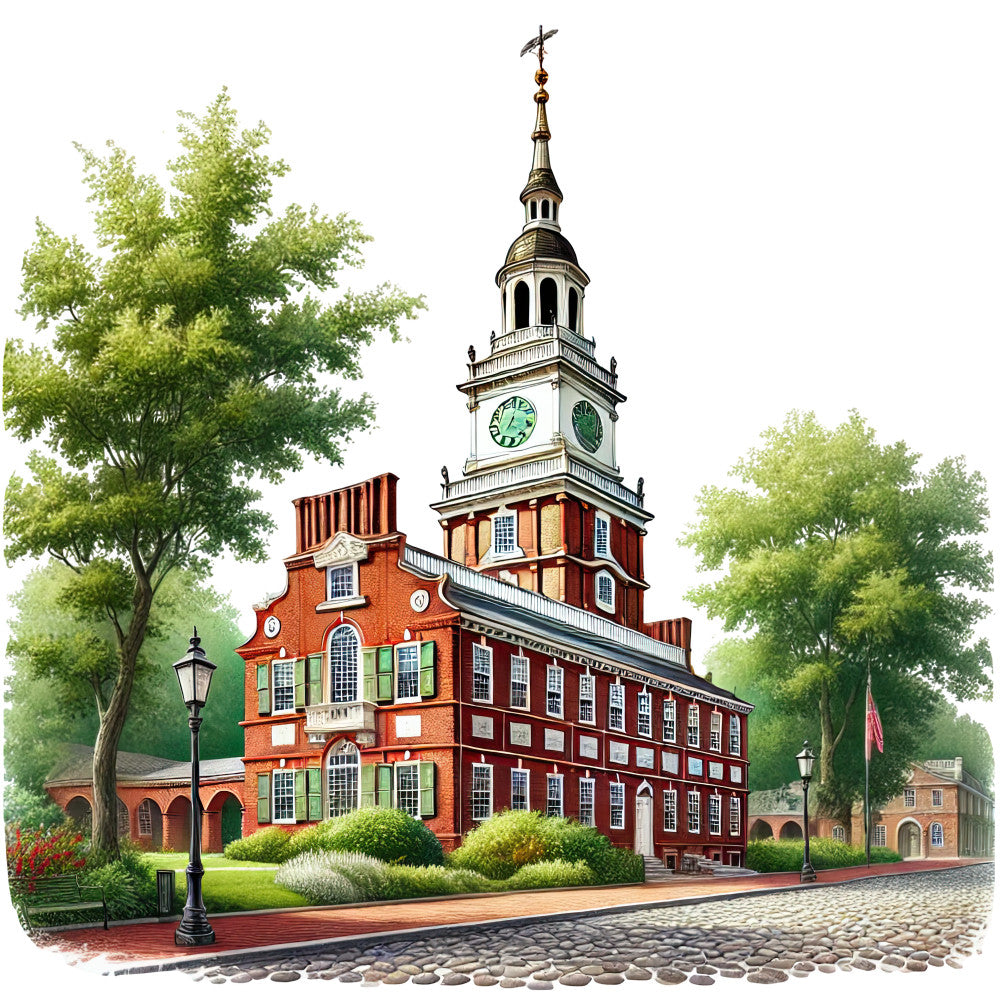 colonial building, independence hall, clock tower, brick red, forest green, cobblestone street, historical architecture, patriotic theme, fabric panel, quilting cotton, americana scene, philadelphia landmark, colonial america, red brick, white trim, lamp posts, tree lined street, historical monument, cotton fabric, colonial era