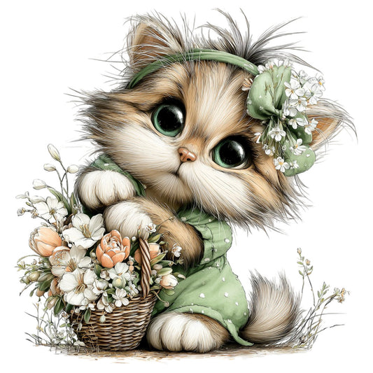 fluffy cat, green eyes, whimsical, adorable, cute animals, flowers, floral, basket of flowers, cream white, sage green, peach coral, botanical, nature, spring, garden, vintage style, illustration, children's, baby, sweet, charming, cottage core, folk art, delicate florals, daisy, roses, soft colors, gentle, storybook