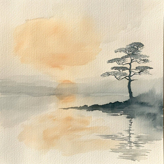 watercolor landscape, serene nature, lone tree, minimalist, ink drawing, reflection, calm water, lake scene, misty atmosphere, soft colors, cream, beige, tan, gray, sage green, charcoal, peaceful, zen, asian inspired, botanical, meditative, tranquil, muted tones, artistic, elegant, modern, wall hanging, nature lover, landscape art, monochromatic
