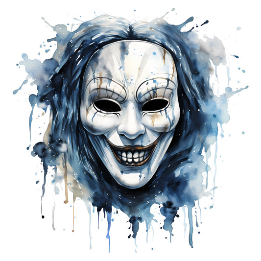 watercolor, abstract, mask, theatrical, spooky, halloween, navy blue, dark blue, light blue, slate blue, white, cream, ink splatter, drip effect, artistic, modern, contemporary, gothic, mysterious, skull face, expressive eyes, grinning teeth, dramatic, moody, edgy, alternative, dark aesthetic, goth, ink wash, gradient