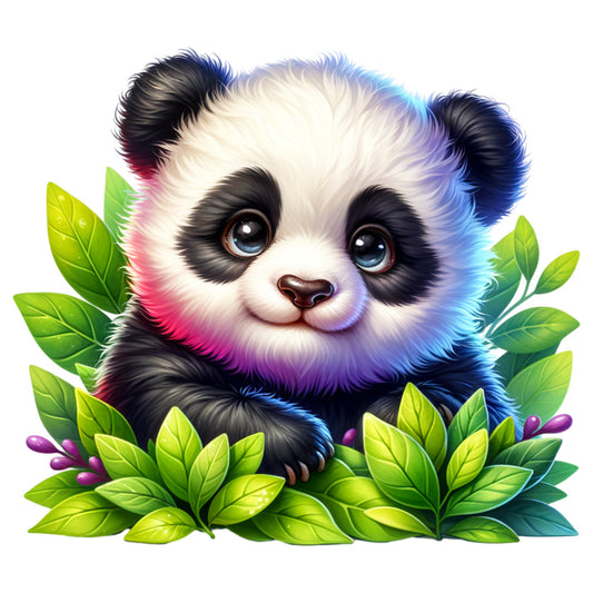 panda, baby panda, cute animal, black and white, colorful fur, rainbow edges, blue highlights, purple accents, pink trim, green leaves, foliage, botanical elements, purple berries, bright eyes, kawaii style, whimsical art, digital illustration, fabric panel, quilting cotton, nursery theme, children's fabric, animal motif