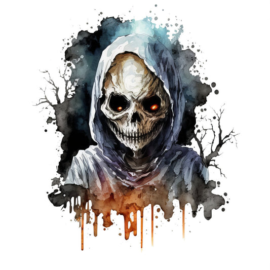 skull, grim reaper, halloween, dark academia, gothic, watercolor, splatter, abstract, orange, charcoal black, teal blue, gray, brown, spooky, creepy, skeleton, hooded figure, death, supernatural, horror, dripping paint, artistic, moody, atmospheric, dark fantasy, macabre, autumn, wall hanging, metal band aesthetic