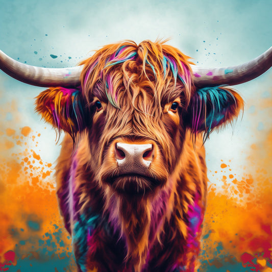 vibrant highland cattle, colorful bull, abstract animal art, modern livestock, neon colors, turquoise, magenta, orange, golden yellow, purple, cyan, splash paint effect, watercolor style, contemporary art, farmhouse decor, bohemian style, whimsical animals, rustic charm, wall art, home décor, long horn cattle, artistic portrait, pop art animal, colorful wildlife, bold graphic design, creative mixed media, statement fabric, artistic animals, modern farmhouse