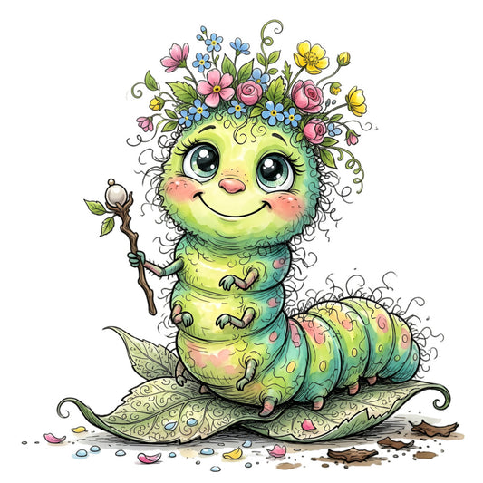 lime green, yellow, soft pink, dusty rose, cornflower blue, pale yellow, whimsical, caterpillar, flowers, floral crown, nature-inspired, spring, summer, cute animals, children's, playful, botanical, garden theme, adorable creatures, fantasy, storybook, cottage core, folk art style, colorful, sweet, innocent, charming, nurturing theme, growth and transformation