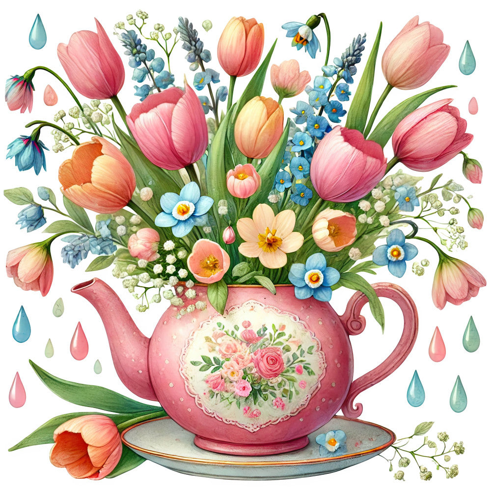 pink tulips, teapot floral, spring flowers, forget-me-nots, coral peach, dusty rose, cream ivory, blue flowers, botanical, vintage style, whimsical design, elegant floral, nature theme, garden flowers, decorative teapot, water droplets, daisies, romantic style, traditional floral, spring theme, pastel colors, rose arrangement, tea time, cottage style, botanical illustration, pretty petals, delicate florals, Easter flowers, cheerful design