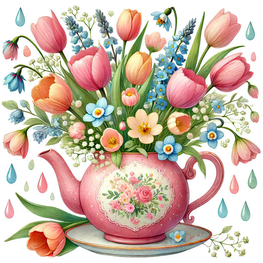 pink tulips, teapot floral, spring flowers, forget-me-nots, coral peach, dusty rose, cream ivory, blue flowers, botanical, vintage style, whimsical design, elegant floral, nature theme, garden flowers, decorative teapot, water droplets, daisies, romantic style, traditional floral, spring theme, pastel colors, rose arrangement, tea time, cottage style, botanical illustration, pretty petals, delicate florals, Easter flowers, cheerful design