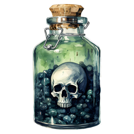 skull, potion bottle, apothecary, gothic, dark green, cream, navy blue, teal, witchy, mystical, spooky, halloween, poison, macabre, vintage apothecary, dark academia, occult, whimsical dark, fantasy, supernatural, steampunk, alternative, edgy, dark aesthetic, novelty print, conversation print, glow-in-the-dark inspired, alchemist, dark fantasy, wall hanging