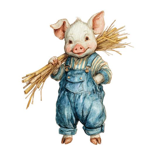 pig, farm animals, farmer, overalls, denim blue, cream, straw, hay, rustic, farmhouse, whimsical, children's, cute, adorable, nursery, baby, countryside, pastoral, vintage, storybook, illustration, character, folk art, traditional, autumn, harvest, rural, sweet, playful, animals in clothing