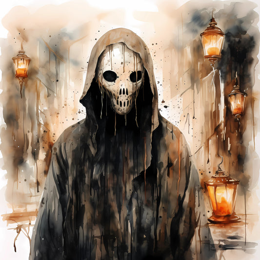skeleton, skull, grim reaper, gothic, dark, halloween, spooky, creepy, horror, supernatural, death, beige, cream, tan, black, orange, lanterns, glowing, atmospheric, watercolor, artistic, eerie, haunted, vintage gothic, autumn, fall, mysterious, moody, dramatic, wall hanging
