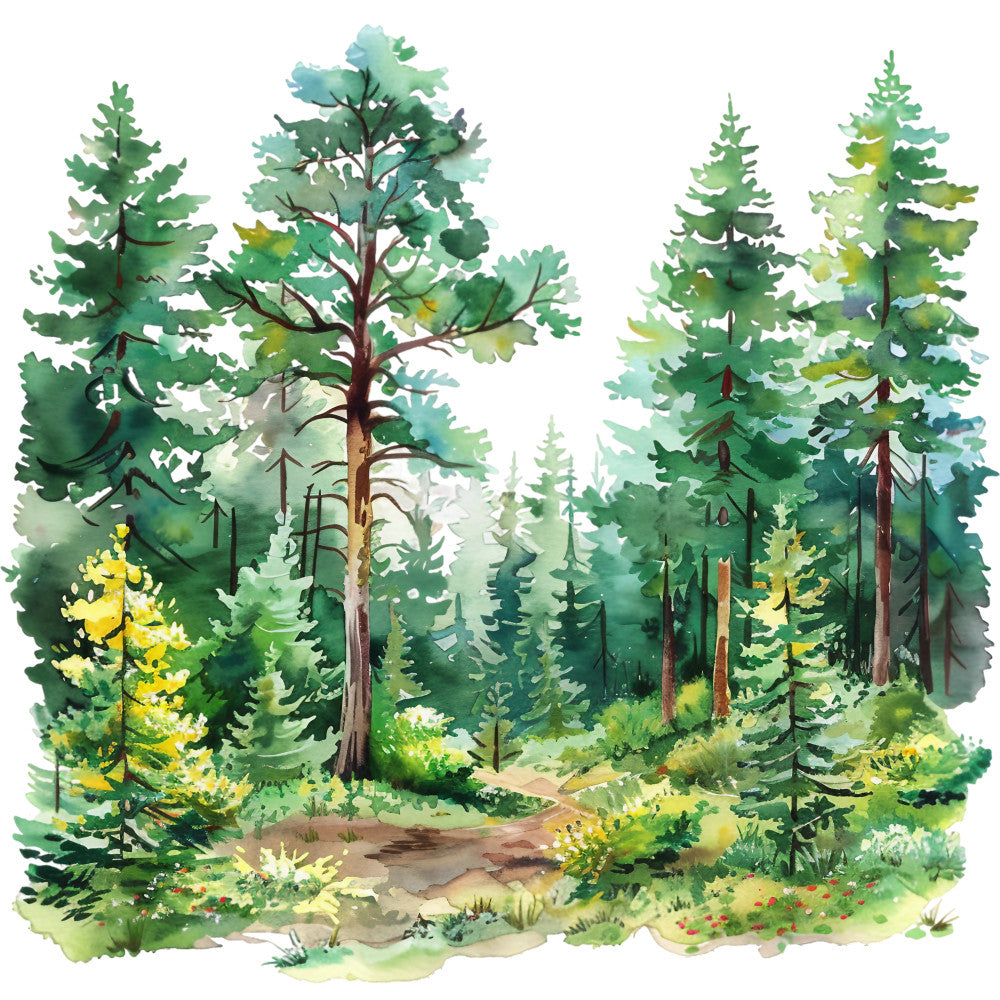 watercolor style, forest scene, nature landscape, green foliage, evergreen trees, pine trees, winding path, summer scenery, botanical illustration, fabric panel, quilting cotton, outdoor theme, woodland design, soft pastels, earth tones, brown tree trunks, yellow highlights, artistic painting, peaceful atmosphere, hiking trail