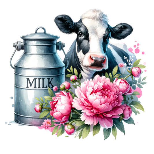 cow, dairy cow, milk can, pink peonies, floral arrangement, black white cow, watercolor style, farm animal, vintage milk jug, pink flowers, green leaves, cottage core, rustic charm, fabric panel, quilting cotton, pastoral scene, farmhouse aesthetic, botanical elements, soft pastels, whimsical illustration