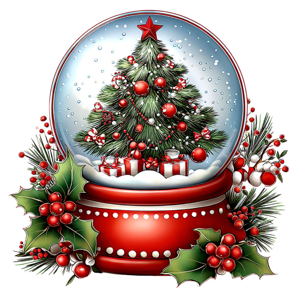 red, white, green, christmas, holiday, snow globe, snowglobe, winter, festive, traditional, elegant, christmas tree, ornaments, gifts, presents, candy canes, holly, berries, pine needles, red star, decorative, seasonal, cheerful, classic, evergreen, pearl embellishments, snow, whimsical, nostalgic