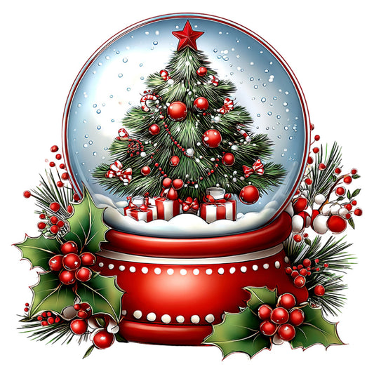 red, white, green, christmas, holiday, snow globe, snowglobe, winter, festive, traditional, elegant, christmas tree, ornaments, gifts, presents, candy canes, holly, berries, pine needles, red star, decorative, seasonal, cheerful, classic, evergreen, pearl embellishments, snow, whimsical, nostalgic