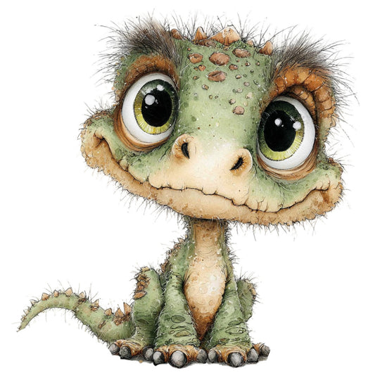 sage green, moss green, cream, tan, brown, gold, yellow-green, whimsical, cute, cartoon, character, creature, dinosaur, reptile, textured, spiky, scaly, children's, kids, baby, playful, quirky, fantasy, fun, animal, illustration, novelty, nature-inspired