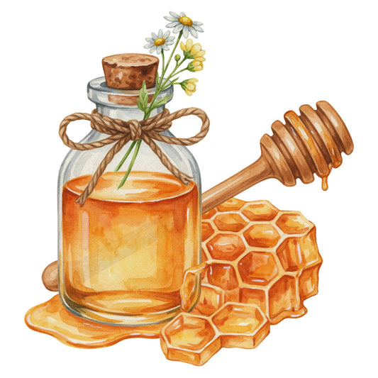 honey gold, amber orange, cream, white, floral, botanical, nature, vintage, rustic, farmhouse, whimsical, honey jar, honeycomb, bee, daisies, chamomile, honey dipper, spring, summer, garden, cottage, natural, traditional, sweet, decorative, illustrated, watercolor, nature-inspired, countryside