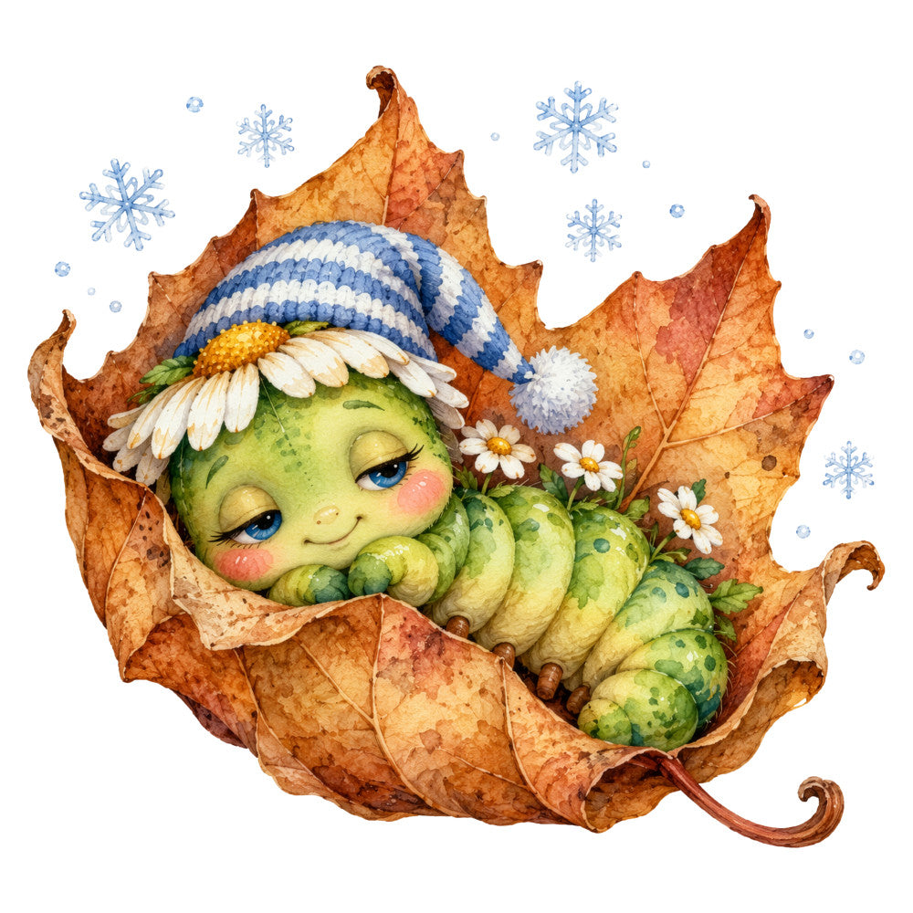 autumn, fall, caterpillar, green, golden yellow, cream, blue and white, stripe, nature, whimsical, cute, children's, baby, seasonal, leaves, daisies, flowers, snowflakes, winter, cozy, sleeping, woodland, magical, storybook, vintage, soft, charming, fantasy, nursery, enchanted forest