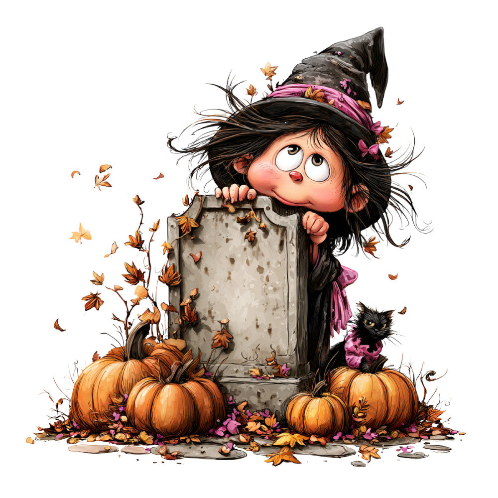 autumn, fall, halloween, witch, magical, whimsical, pumpkins, orange, black, purple, pink, leaves, falling leaves, nature, seasonal, holiday, spooky, mystical, enchanted, fantasy, children's, cute, playful, rustic, decorative, harvest, witchy, dark colors, vibrant, illustrated