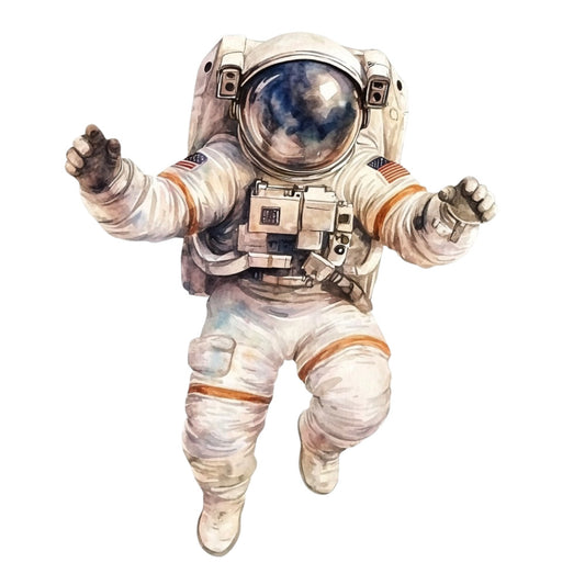 astronaut, space exploration, nasa, outer space, celestial, science, adventure, cream, beige, tan, white, navy blue, orange, American flag, patriotic, vintage, retro, masculine, bold, educational, STEM, jumping, dynamic, motion, whimsical, wall art, home decor, children's fabric, novelty print