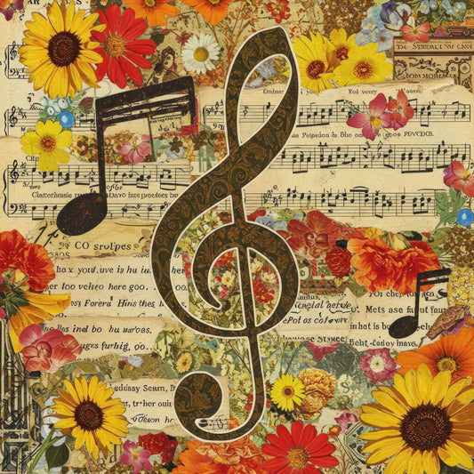 vintage floral, music notes, treble clef, sunflowers, red roses, yellow flowers, orange flowers, cream background, botanical, musical theme, sheet music, vintage ephemera, cottage core, romantic, traditional, multi-color, burgundy, golden yellow, coral pink, vintage musical, retro, whimsical, nature-inspired, garden flowers, decorative elements, classic style, nostalgic, arts and crafts, mixed florals