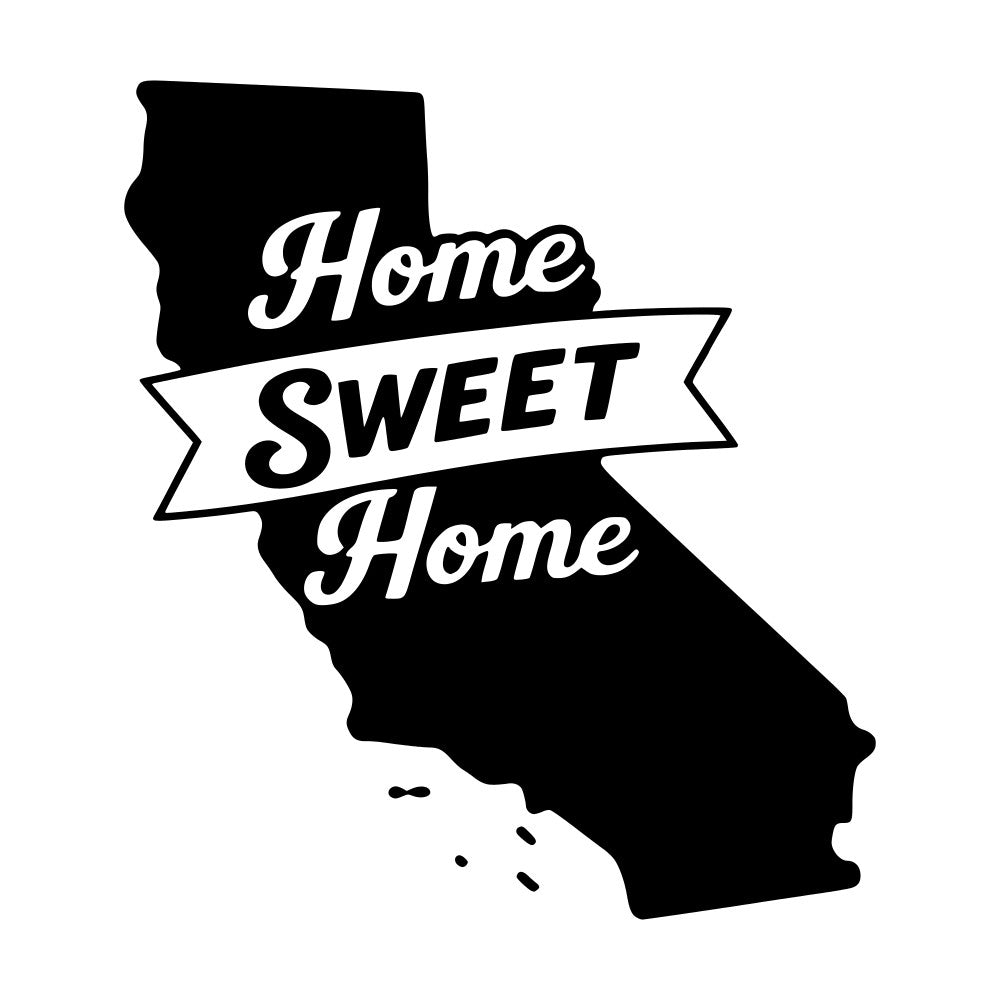 home sweet home, california, state pride, black and white, monochrome, typography, text, banner, ribbon, inspirational, motivational, home decor, wall art, rustic, vintage, script font, italic lettering, geographical, map silhouette, house warming, relocation, new home, welcome, sentimental, nostalgic, classic design, timeless, home themed, state specific, wall hanging