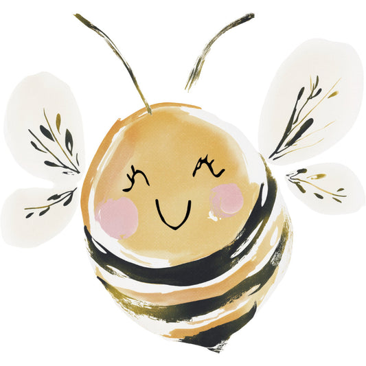 bee, honey yellow, cream, black stripes, white wings, pink cheeks, cute, whimsical, children, baby, animals, insects, nature, spring, summer, botanical, leaf details, happy face, smiling, cheerful, playful, modern, illustration style, nursery, baby quilt, wall hanging, kids decor, folk art, hand painted, gold accents