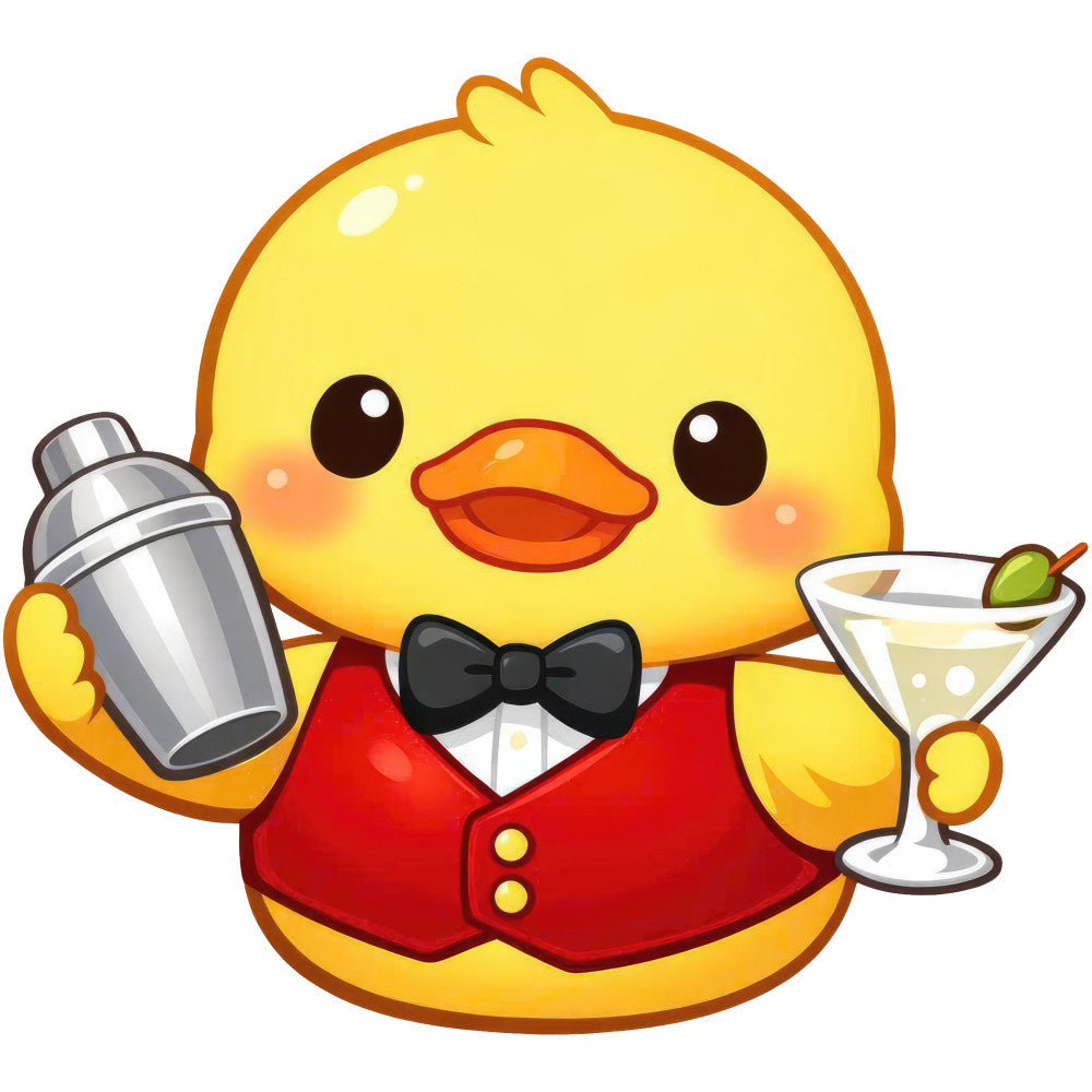 bright yellow, red, orange, black, white, cocktail, martini, bartender, bow tie, formal wear, cute animals, birds, duck, celebration, party, festive, whimsical, cheerful, playful, fun, retro, vintage style, entertaining, bar theme, cocktail hour, happy, smiling, character design, novelty print, fun animals