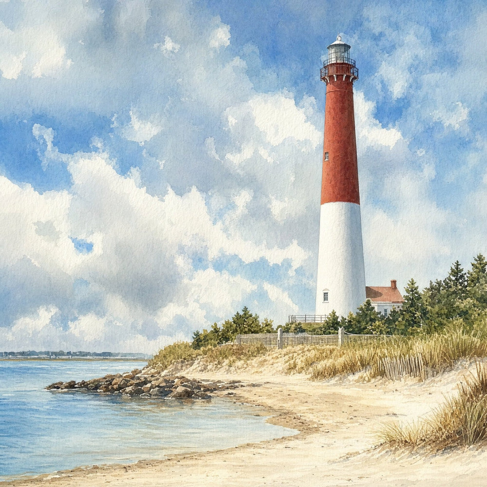 lighthouse, coastal, nautical, beach scene, red and white striped, sky blue, cream, sandy beige, ocean, seaside, vintage, scenic, landscape, americana, beach house, summer, nature, seascape, dunes, beach grass, water, clouds, traditional, peaceful, coastal living, travel theme, americana nautical, pastoral, scenic landscape