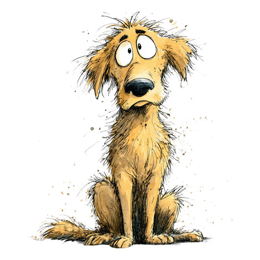golden yellow, tan, cream, black, brown, dog, puppy, cartoon, whimsical, humorous, funny, expressive, children's, kids, animals, pets, adorable, quirky, illustration, artistic, modern, playful, character panel, nursery, baby, youth themed, endearing, charming
